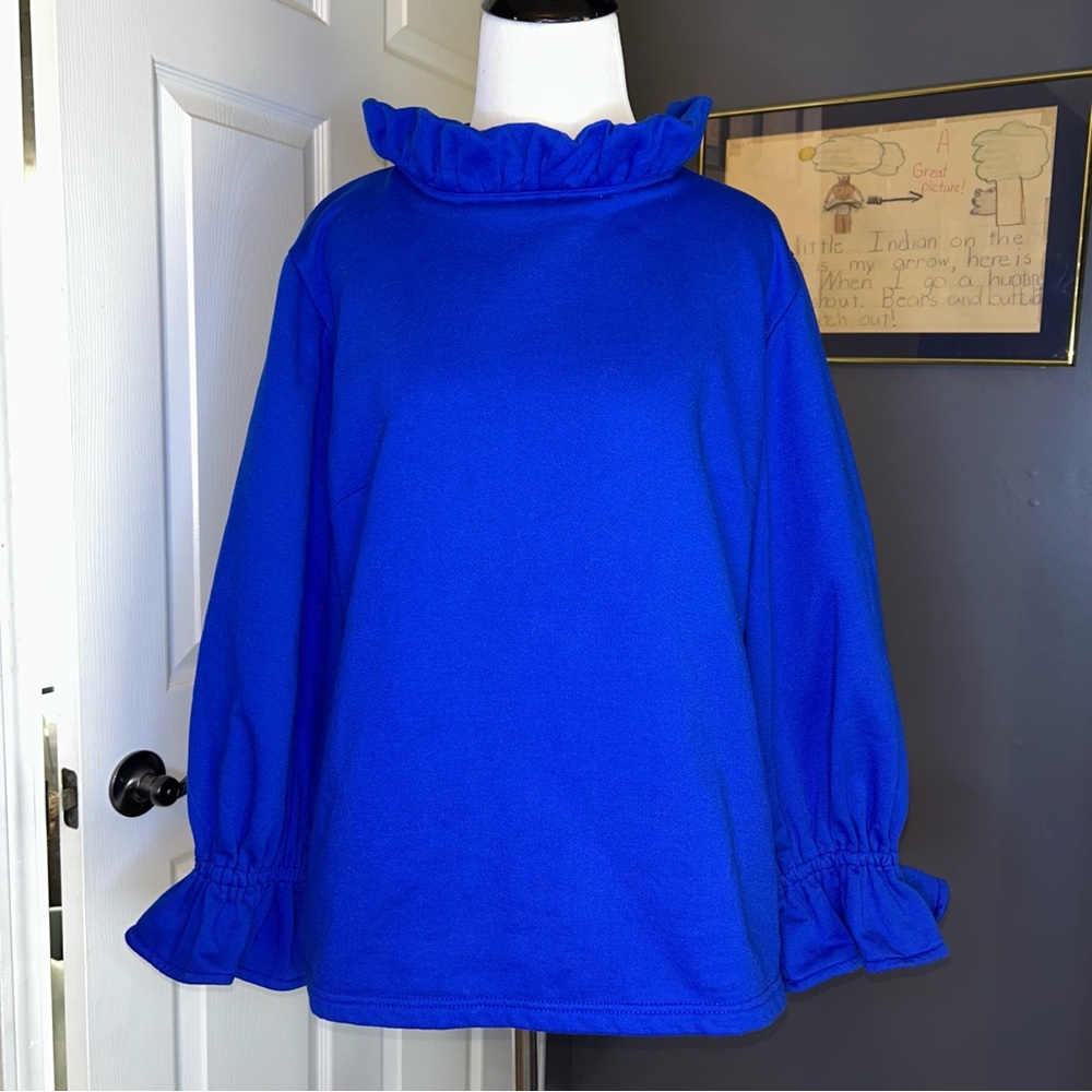 Elizabeth Wilson Designs Mary Louis Royal Blue Ruffle Sweatshirt Size Large